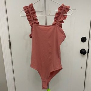 Rose Colored Boutique Body Suit with Ruffles Sleeves Size Small!